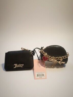 Juicy Couture Black Vinyl Coin Pouch Set with Gold Chain and Heart Charm